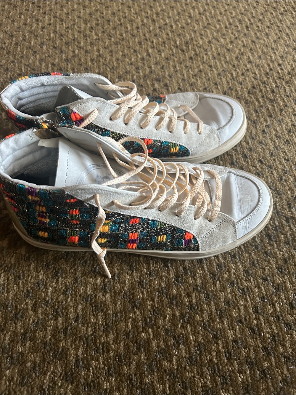 P448 Women’s White High-Top Leather Sneakers with Multicolor Woven Panels